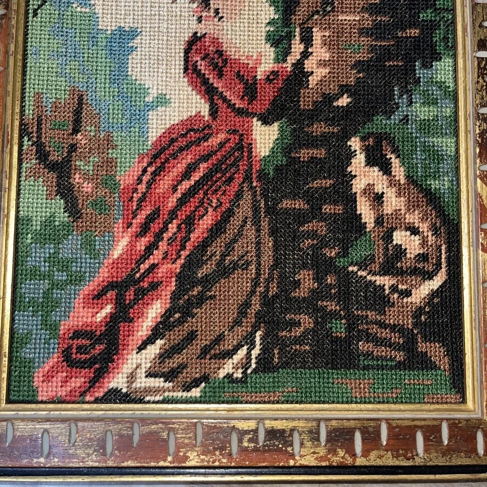 VTG MCM Petit Point Needlecraft gold distressed wood framed picture Girl Tree